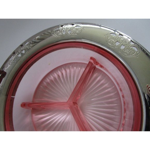 VTG Pink Depression GLASS Divided DISH W/HANDLE Candy/NUT FARBERWARE Silver Rim - Picture 10 of 16